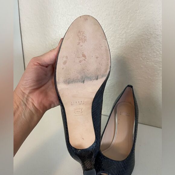 Stuart Weitzman navy Blue python embossed Peep-Toe platform Heels. 11 - Picture 11 of 16